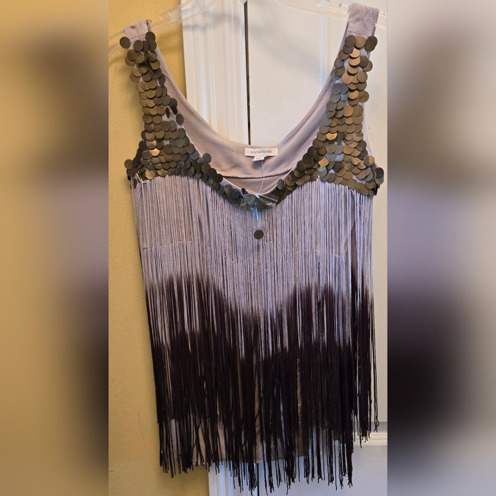 Gorgeous Boston Proper Gray, Brown Fringe Tank Top With Gold Deco Festival
